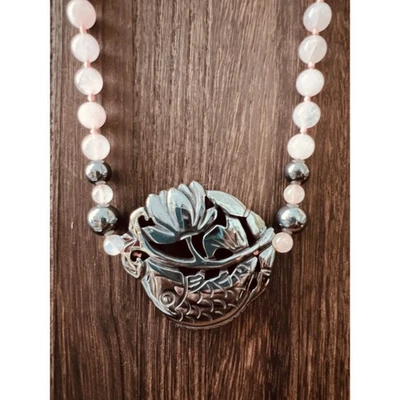 36” Rose Quartz & Hematite Beaded Necklace with Carved Lotus Koi Fish Pendant - Image 1 of 4