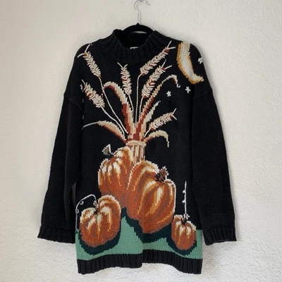 Vintage Kürbis Pullover Damen L schwarz 3D Strickpullover Ernte Cottagecore 90er - Bild 1 von 4