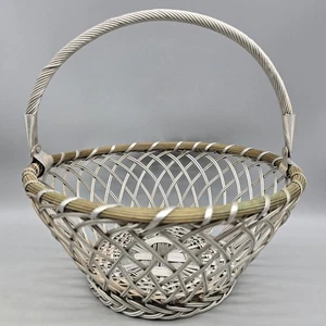 Vintage 9.5" Silver-Colored Woven Wire Basket with Fold Down Handle, from India  - Picture 1 of 10