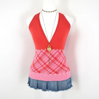 VTG 00s Y2K Twee Essendi Red and Pink Plaid Knit V Neck Halter Top Sz Medium - Image 1 of 4