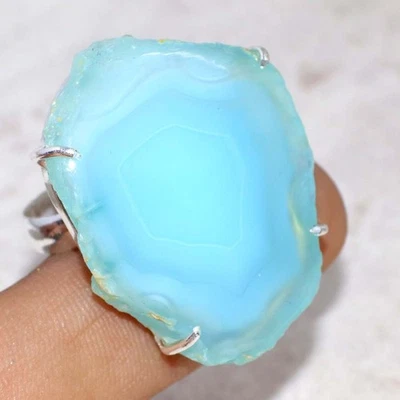 Кольцо с серебряным покрытием 925 пробы Blue Botswana Druzy Slice 8 уникальных ювелирных изделий США GW - Изображение 1 из 3