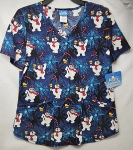 Frosty The Snowman Too Cool For Yule Women's V-Neck Print Scrub Top Size S/New - Picture 1 of 11