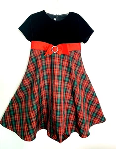 Bonnie Jean Girls Dress 6 Christmas Holiday Party Black Velvet Red Plaid Twirl - Picture 1 of 13