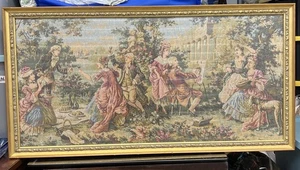 41.4”L X21.5” VTG Gobelin French Picnic Framed Glass Rococo Art Tapestry Baroque - Picture 1 of 6