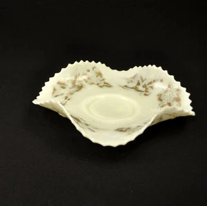 Fenton Cupped 9 1/2" Plate Ivory Custard 4 Crimps Bluebirds Berries w/Gold 1915 - Picture 1 of 12