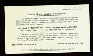 MS Gripsholm Esszimmer Sitzkarte - Swedish American Line - Bild 1 von 1