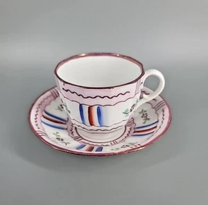 Antica tazza da tè e piattino porcellana rosa lustro blu linee rosse motivo floreale - Foto 1 di 21