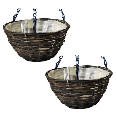 2 x 14″ Appendere Fiori Cesto Planter's Vimini Rotondo Con Catene & Rivestimento - Immagine 1 di 3