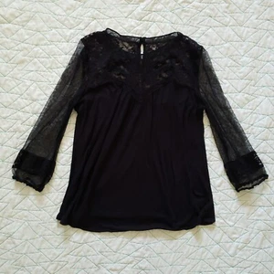 Express Black Lace Sheer 3/4 Sleeve Blouse Top Womens M - Picture 1 of 6