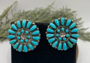 Vintage Zuni petit point turquoise large wheel earrings - signed M.S. - 1.25" - Picture 1 of 8