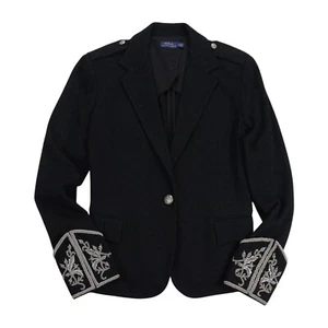 Polo Ralph Lauren Wool Military Blazer Womens UK 6 Black Embroidered Cuff Jacket - Picture 1 of 8