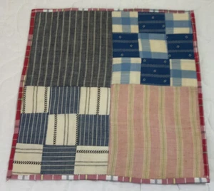 Antique Vintage Quilt Table Topper, Nine Patch, Stripe & Check Prints, Blue - Picture 1 of 13
