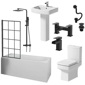 Black Bathroom Suite 1600mm Single Ended Bath Toilet Basin Tap Waste - Picture 1 of 14