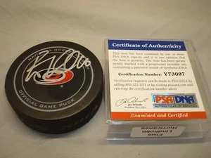 Elias Lindholm Signed Carolina Hurricanes Hockey Puck Autographed PSA/DNA COA 1A - Picture 1 of 3