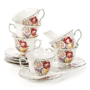 6 Pack Tea Cups and Saucers, 8 OZ Floral Ceramic Coffee Cup Set with Spoon, - Picture 1 of 8