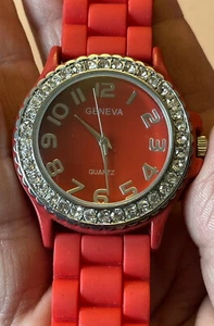 Ladies Geneva Quartz Watch RED Silicone Jelly Band Rhinestones Surround Face - Picture 1 of 7