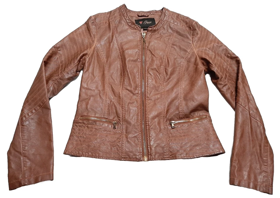 Chaqueta de Moto Guess Talla L Cuero Vegano Envejecida Cremallera Completa Cremallera Frontal Pkts Marrón Foto 1 de 4