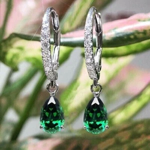 3.20Ct Pear Lab Created Green Emerald Drop Dangle Earring 14K White Gold Plated - Picture 1 of 3