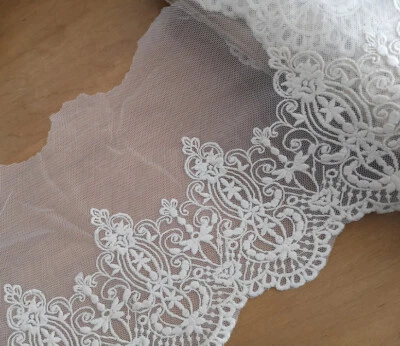 4 Yard 7.5" Wide Ivory Tulle Lace/Embroidered Cotton Flower-Bridal Wedding xh185 - Image 1 of 2