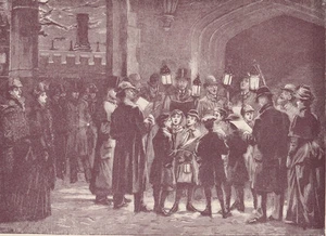 VICTORIAN CHRISTMAS CAROLERS SINGING CHRISTMAS CAROLS HOLIDAY ANTIQUE PRINT 1890 - Picture 1 of 2
