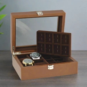 16 Cufflinks and 4 Piece Watch Box Cognac Brown Genuine Leather Wood by Aevitas - Picture 1 of 6