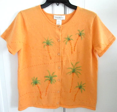 Vintage SUSAN BRISTOL Short Sleeve Cardigan Sweater Beaded Palm Trees sz L - Image 1 of 4