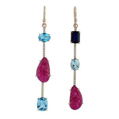 Luxury Ruby Lolite Blue Topaz Diamond Earrings 18k Gold Long Statement Jewelry - Image 1 of 4