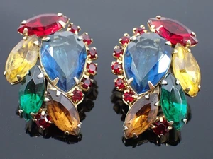 Vintage mehrfarbige Strass Clip-On Ohrringe große Birne & Marquise Steine MCM - Bild 1 von 19