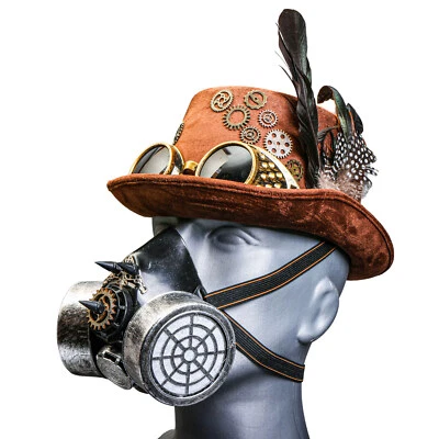 Sombrero de copa victoriano Steampunk marrón plumas con máscara facial plateada de fiesta de gas Foto 1 de 3