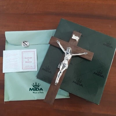 CROCIFISSO CROCE LEGNO H.30  In ARGENTO 925 SCULTURA MIDA Con certificato e box. - Immagine 1 di 4