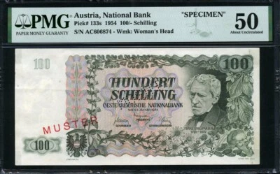 Austria 1954 100 Schilling P133s Specimen P133s, PMG 50 AUNC - Image 1 of 2