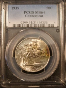 1935 CONNECTICUT COMMEMORATIVE HALF DOLLAR - PCGS MS-64, TONED, GEM! OAK TREE! - Picture 1 of 5