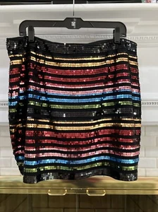 Express Pailletten Rock mehrfarbig Streifen auf schwarz, XL Neu mit Etikett Stretch und Pull On - Bild 1 von 6
