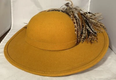 Bollman Vintage Fashion Hat Wool Felt Dramatic Feather Arrangement Yellow 6 7/8 - Image 1 of 4