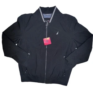 Nautica Mens Medium Black Full-Zip Windbreaker Rain Jacket Embroidered Logo - Picture 1 of 11