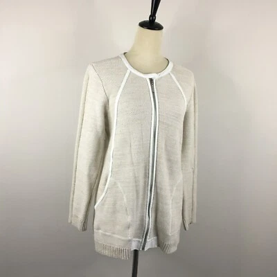 WHITE+WARREN Womens sz Large Beige Knit White Faux Leather Trim Jacket - Image 1 of 4