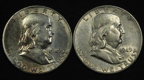 Lot of 2x 1949 S Franklin Silver Half Dollars (1x Cleaned) Cover