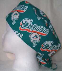Surgical Scrub Hat Cap Made with Miami Dolphins Nfl Fabric Nurse Chemo Er Skull