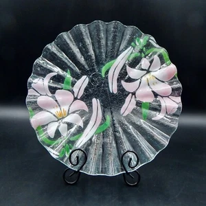 Sydenstricker Art Fused Glass Pink Lily Plate Ruffle Rim Platter 12 Inch - Picture 1 of 6