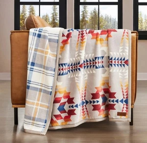 Pendleton Reversible Throw Blanket Legendary Lake Grey Reds Blues Creams Yellows - Picture 1 of 6