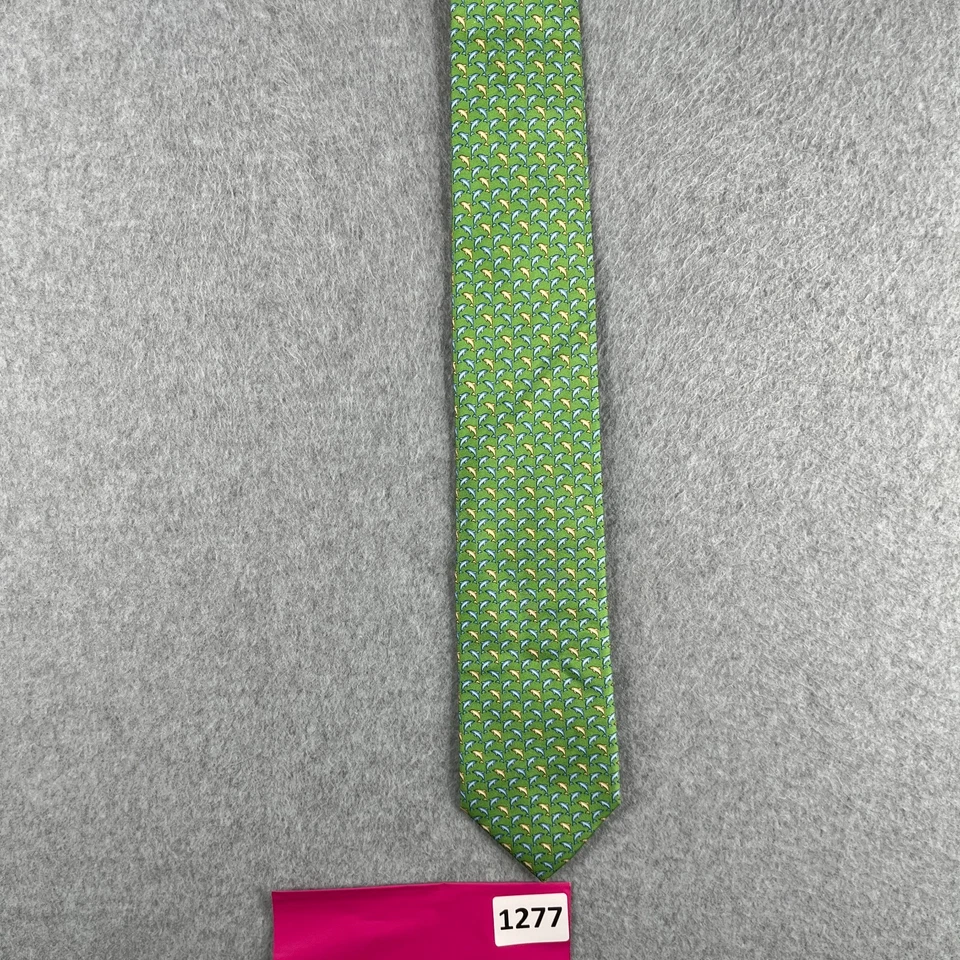 IZOD Dolphins All Obver Print Neck Tie Green COlorful Dolpins Silk - Image 1 of 4
