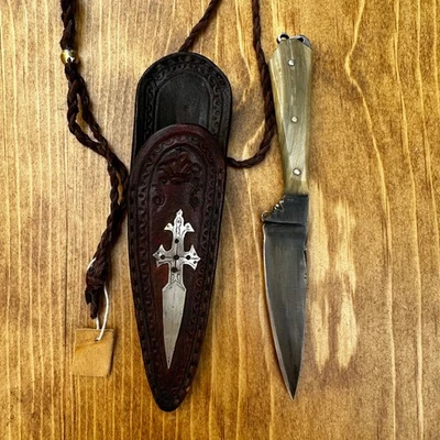 W.Henaman - Mountain Man Forged Carbon neck Knife - Decorated Sheath (K19) - Image 1 of 4