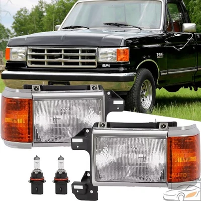 Chrome Headlight For 1987-1991 Ford F150 F250 Bronco Truck w/Bulbs Left & Right - Image 1 of 4