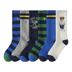 Neu Polo Ralph Lauren mehrfarbige Crew-Socken für Herren 6er-Pack Bär Tennis Streifen neu mit Etikett - Bild 1 von 6