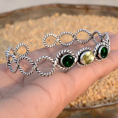 925 Sterling Silver Citrine Topaz, Chrome Diopside Gemstone Handmade Bangle Cuff - Image 1 of 4