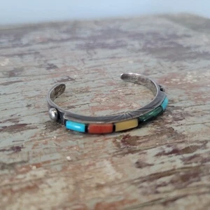 Vintage Edward Zuni 925 Sterling Silver Turquoise Malichite Inlay Cuff Bracelet - Picture 1 of 8