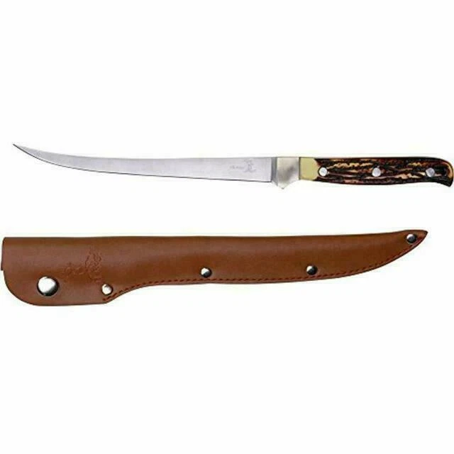 Elk Ridge Fixed Blade Knife 12.25-in with Leather Sheath - Brown/Silver