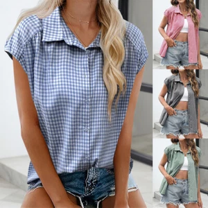 Womens Short Sleeve Check Tops Blouse Ladies Button Down Casual Summer Shirts - Picture 1 of 15