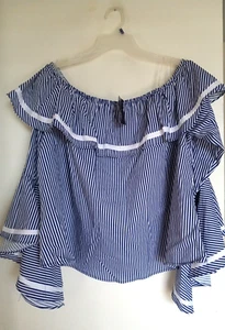 Ashley Stewart Bluse Damen 20 schulterfrei gestreift Glockenärmel NEU - Bild 1 von 4