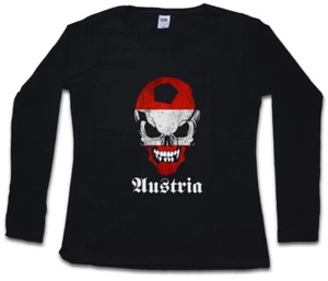 BLACK CLASSIC FOOTBALL AUSTRIA SKULL FLAG DAMEN LANGARM SHIRT Fußball Österreich - Picture 1 of 1